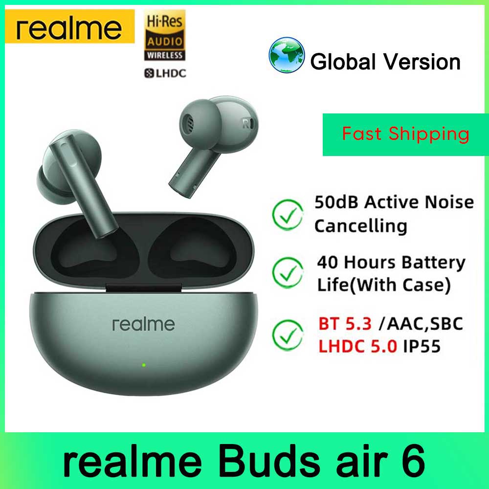 Global Version realme buds Air 6 TWS Earphone Hi-Res LHDC 5.0 Active Noise Reduction Wireless Headphone Bluetooth 5.3 IP55 New
