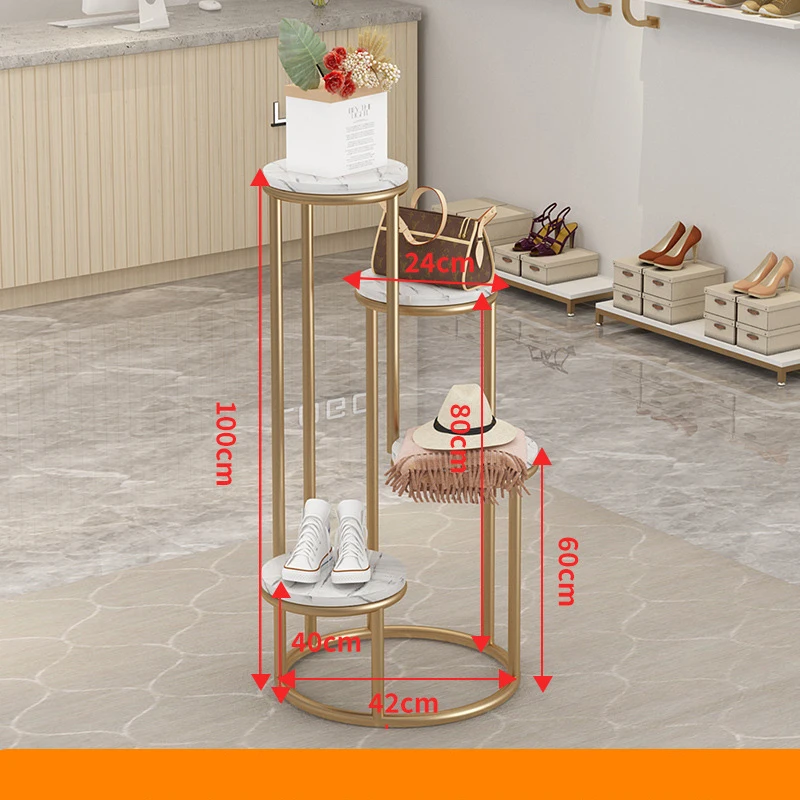 , high low gold metal bag shoes scarf hat display rack stand for shopping mall women clothing children clothing store