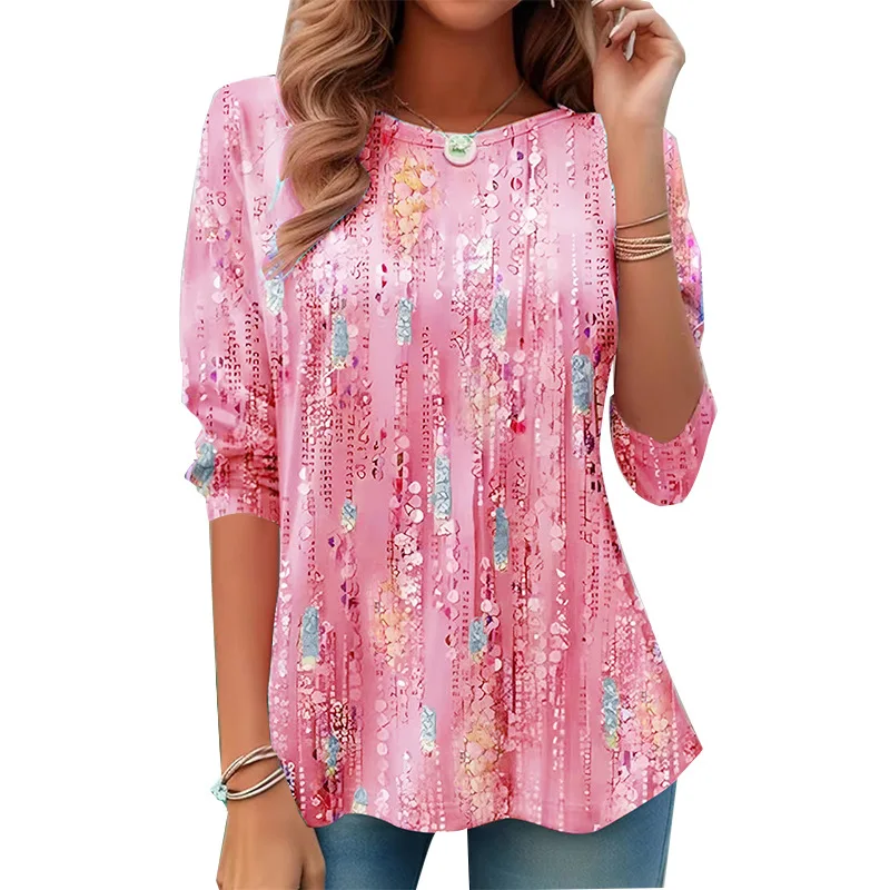 Women Summer Long Sleeve Ruffle Tassel Print Loose Tshirt