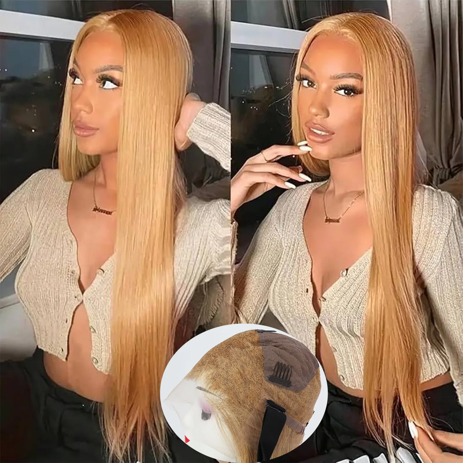 풀 HD 레이스 커버 인모 가발  27 허니 블론드 컬러 레이스 프론탈 가발 브라질리언 스트레이트 투명 레이스 가발 여성용