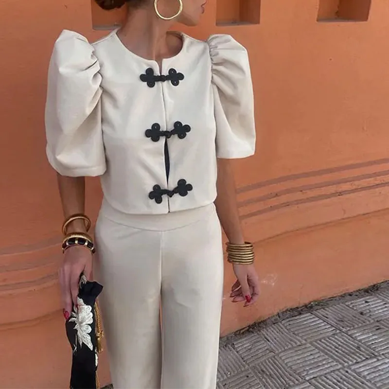 

Женский элегантный однотонный костюм для отпуска, блузка с круглым вырезом и пышными рукавами + Прямые брюки с высокой талией