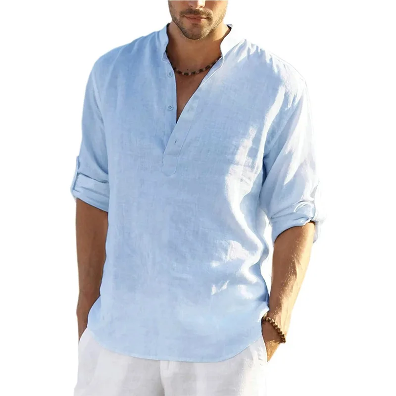 New Men's Casual Blouse Cotton Linen Shirt Loose Tops Long