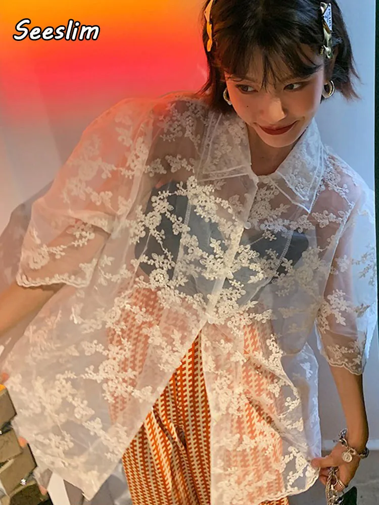 

Женская свободная футболка Seeslim с пышными рукавами, летняя Прозрачная Футболка с двойным воротником и коротким рукавом, топы большого размера с вышивкой