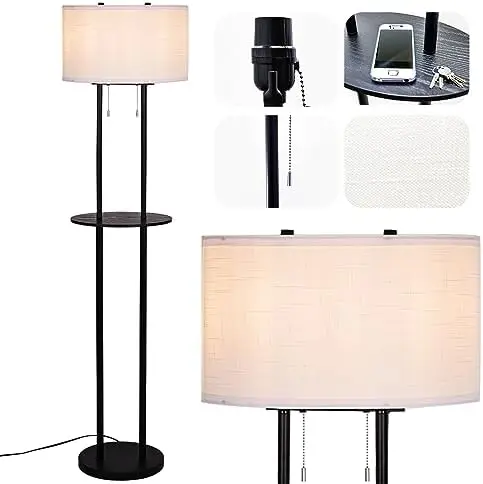 

Floor Lamp for Living Room, Bedroom, and Home Office - Tall Pole Lamp with White Fabric Shade & Shelf - Includes 2 LED Ediso Gol
