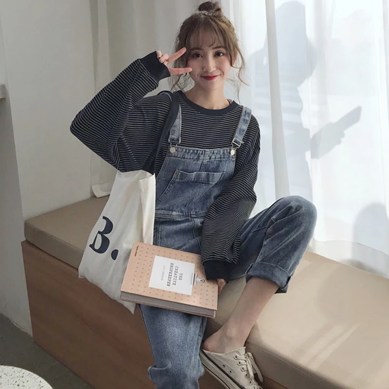 Women's overalls fashion loose denim bib hole pants overalls retro bandage trousers summer Korean straight straight jumpsuit