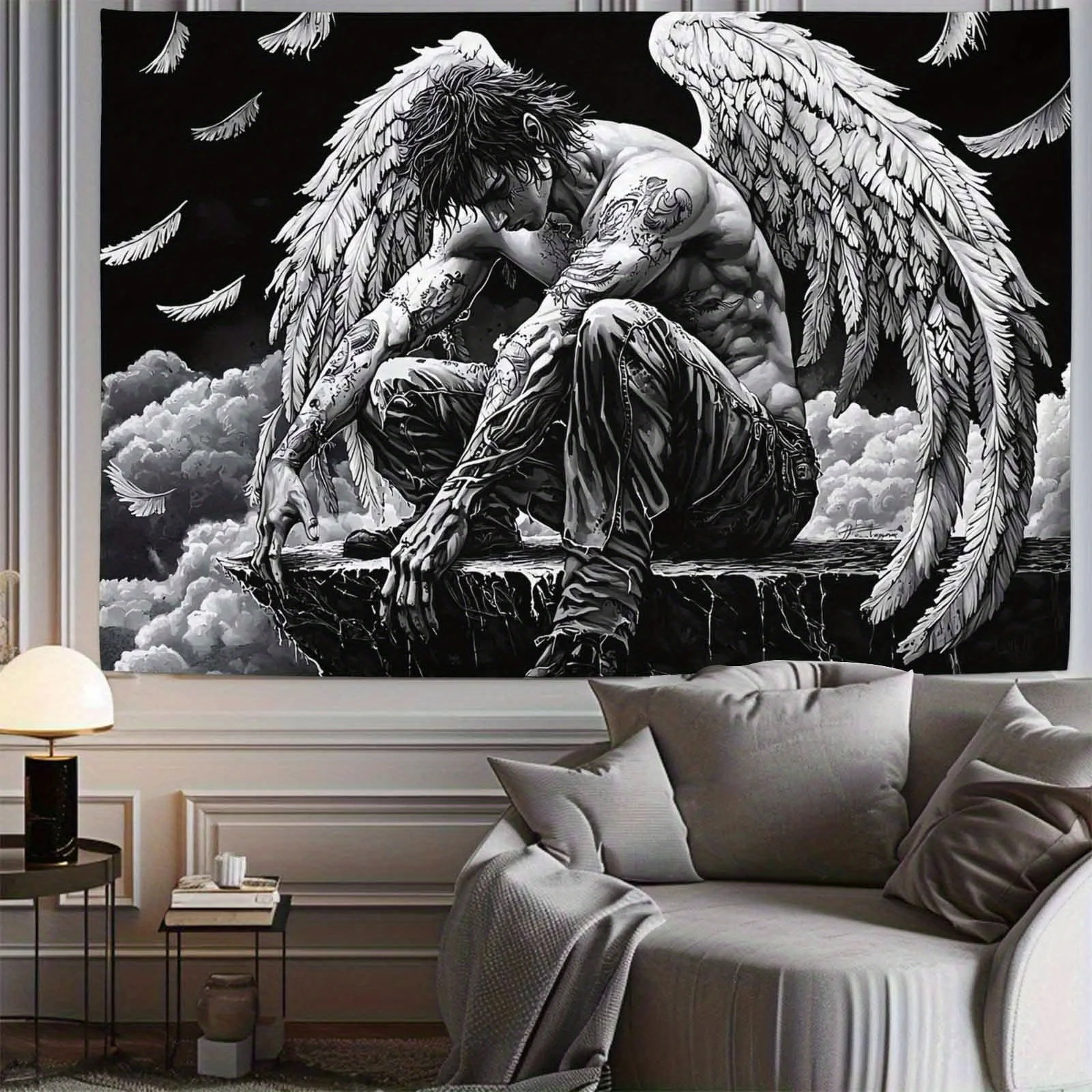 🌑 Dark Angel Veil – 100% Polyester Gothic Tapestry Wall Hanging 3