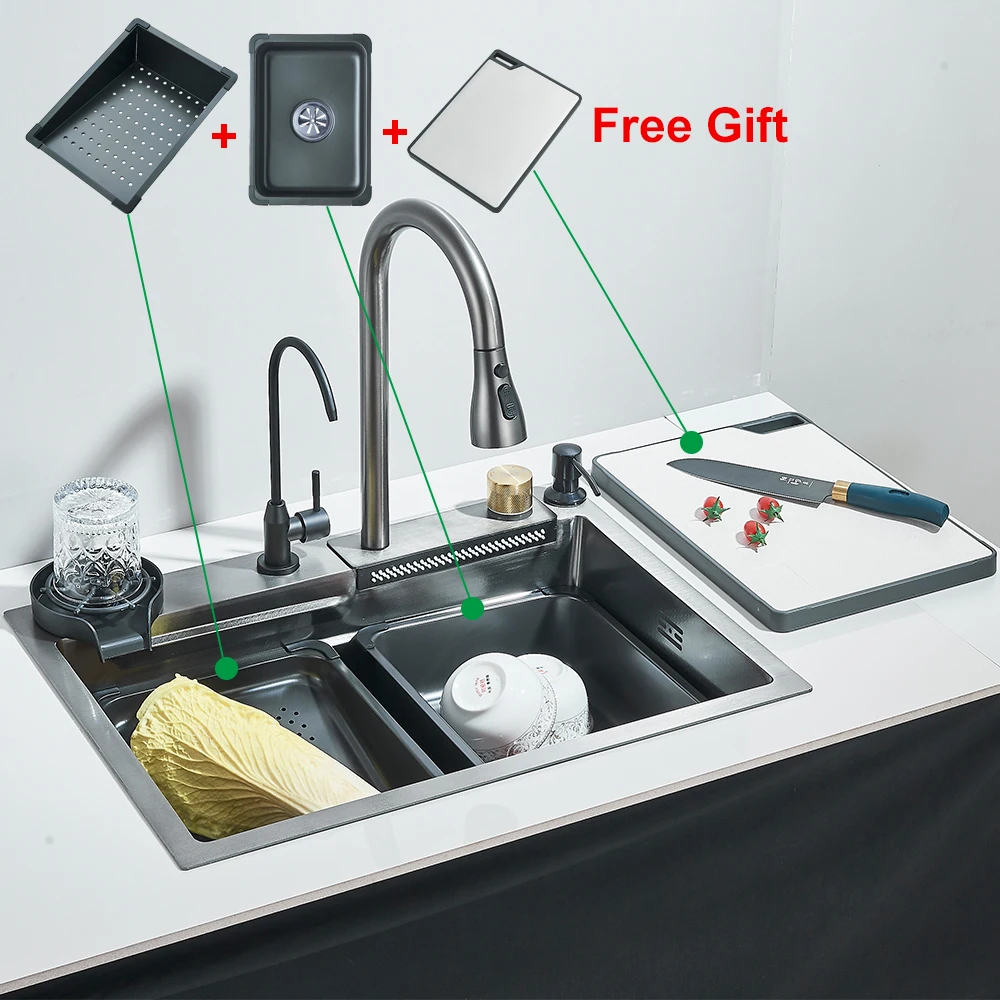 Waterfall Kitchen Sink Large Single basin With Large Single Slot Sink Above Counter With Cup Disher and Soap Dispenser