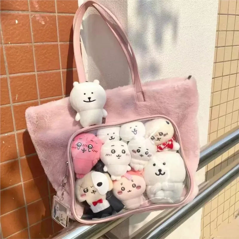 JIAERDI Japanese Transparent Pink Ita Bag Purse Women Harajuku Aesthetic Plush Handbag Female Large Capacity Tote Bag 2025 New