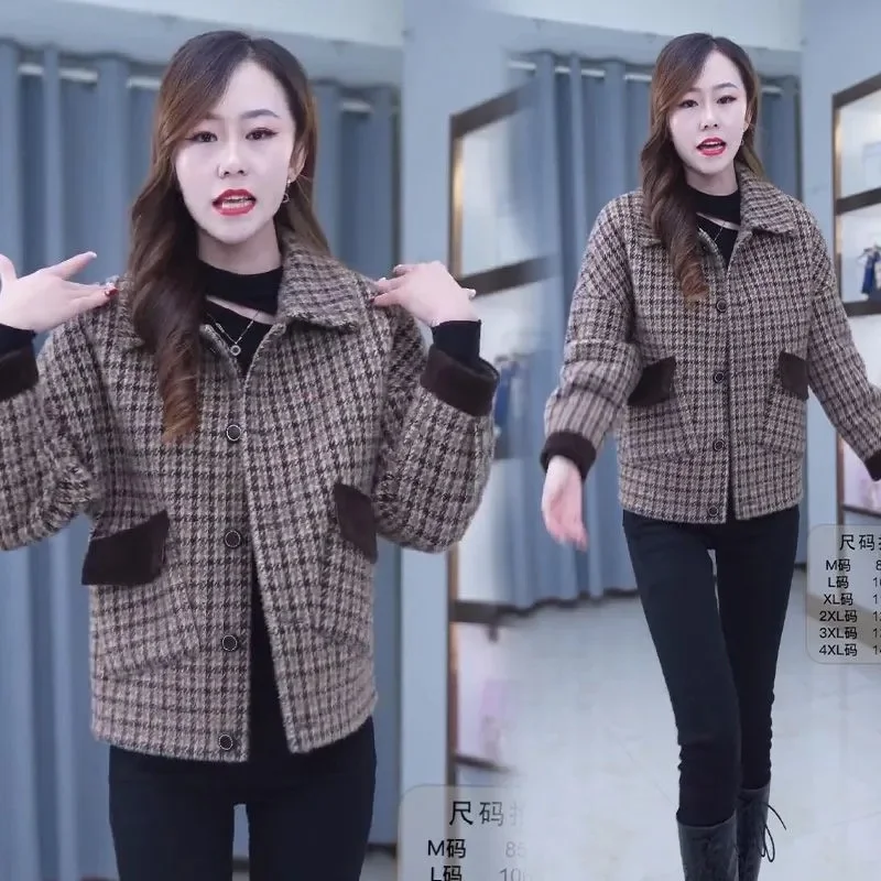 

Add Velvet Padded Jacket Women Spring Autumn 2023New Korean Outwear British Style Woolen Coat Loose Casual Ladies Large Size Top