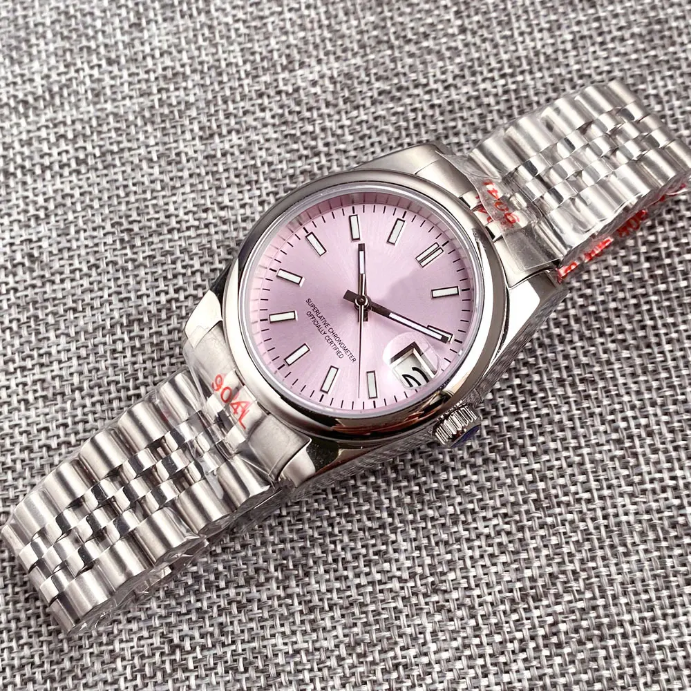 36mm Fluted Bezel Wristwatch For Men NH35A Sapphire Crystal Baton Hand Luminous Pink Sunburst Dial Jubilee Strap