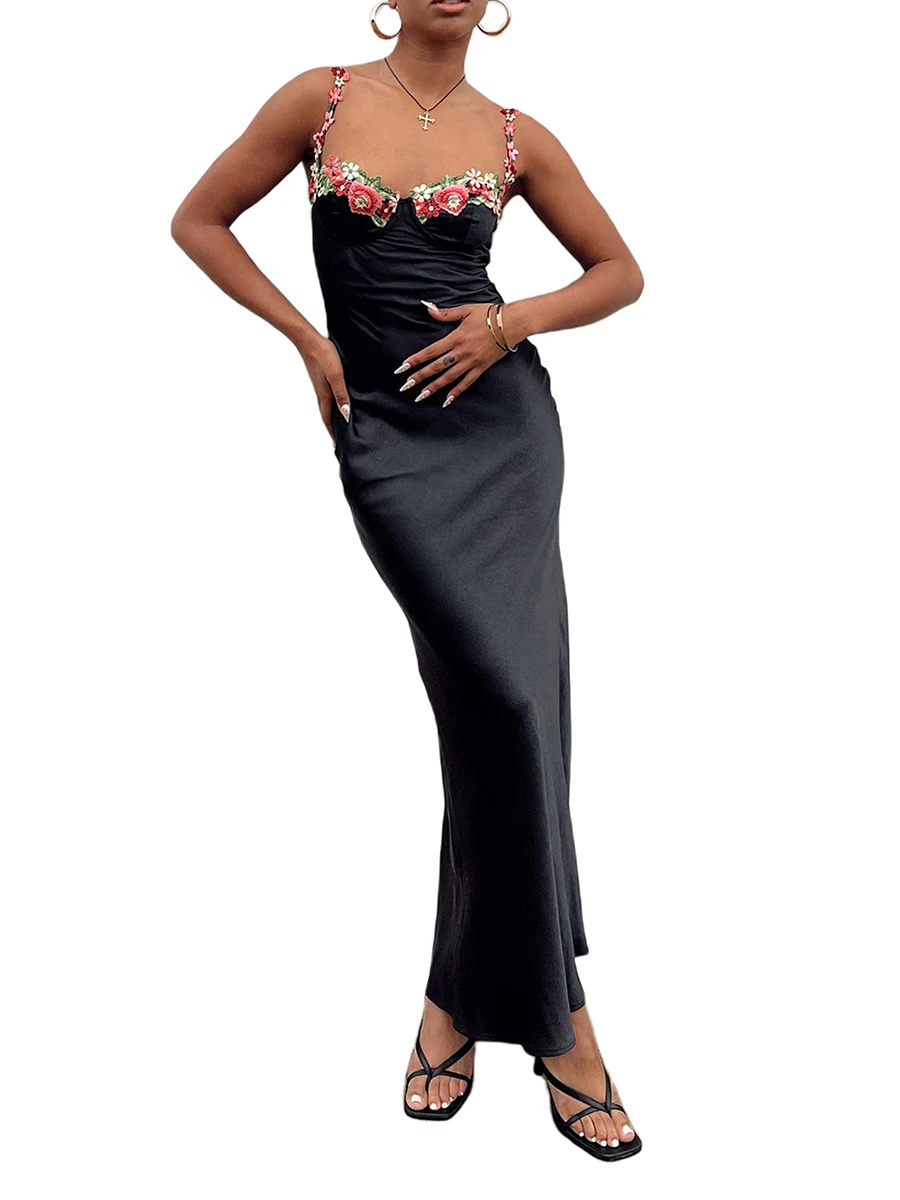 

Женское облегающее длинное платье на бретельках, коктейльное платье без рукавов с цветочной вышивкой, летнее облегающее платье для вечеринок и клубов