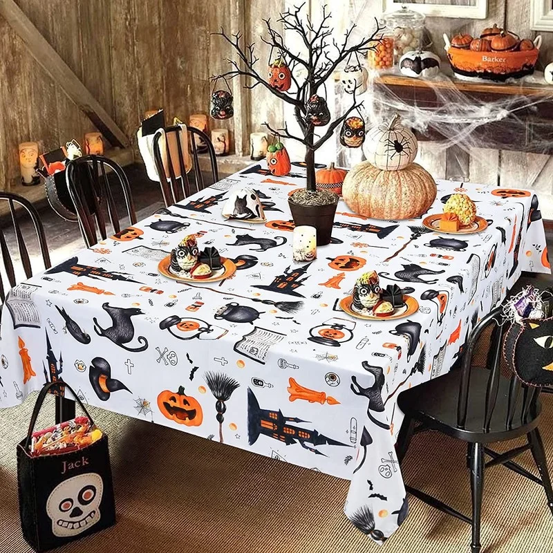 Halloween Tablecloth Haunted House Tablecloth Rectangular Stain Resistant Tablecloth Dinner Kitchen Wedding Decoration Manteles