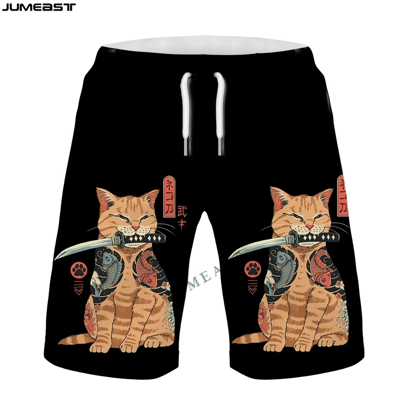 Jumeast Y2k Men Women 3D Printed Hip Hop Japanese Samurai Cat Shorts Trunks Quick Dry Beach Casual Sweatpants Short Pants