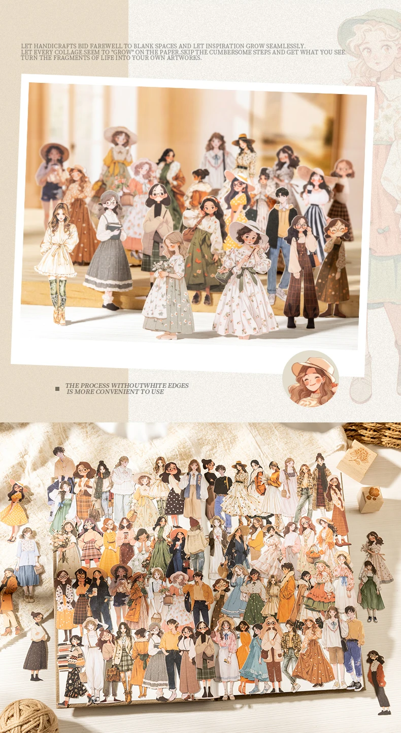 100pcs Cute Characters Sticker PET Junk Journal Material Girl Life DIY Scrapbooking Card Collage Stationery Decals