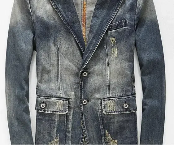 Spring Fall Men Ripped Washed Suit Collar Denim Coat Blazer , Smart Casual Man Blazers Coats , Clearance Sale