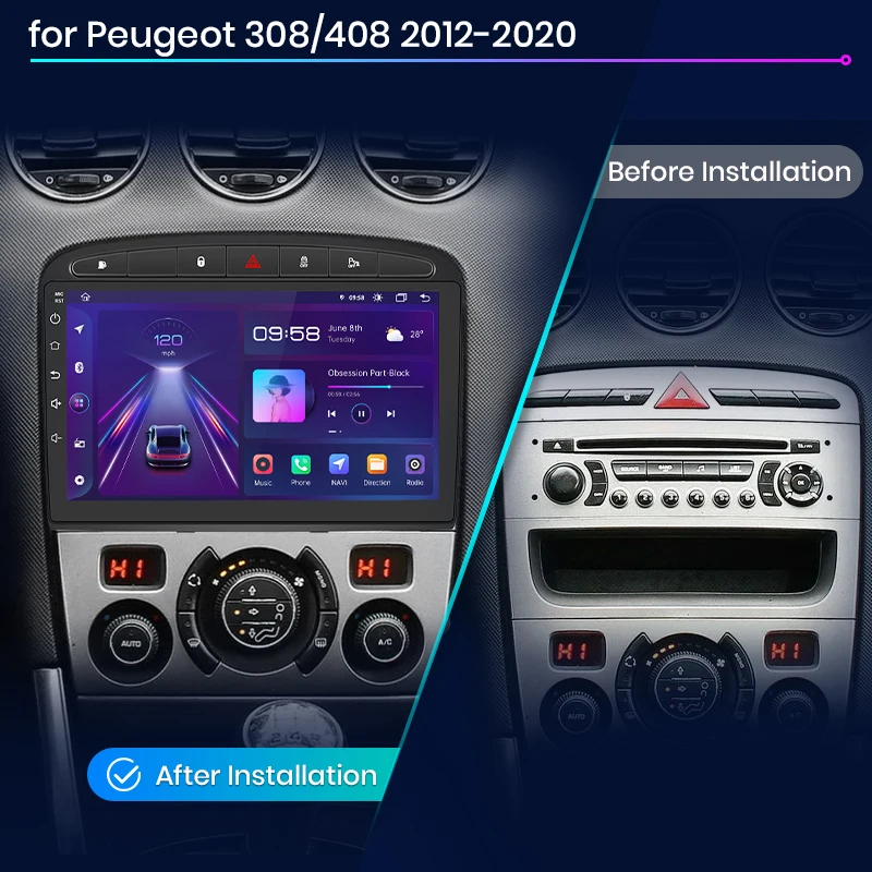 Hodozzy 4 64GB Carplay Autoradio voor Peugeot 308/408 2007-2015, 9 Inch Touchscreen Autoradio met Draadloze Carplay Android Auto, Bluetooth/GPS/WiFi /FM/RDS/SWC/HiFi/USB Achter Camera
