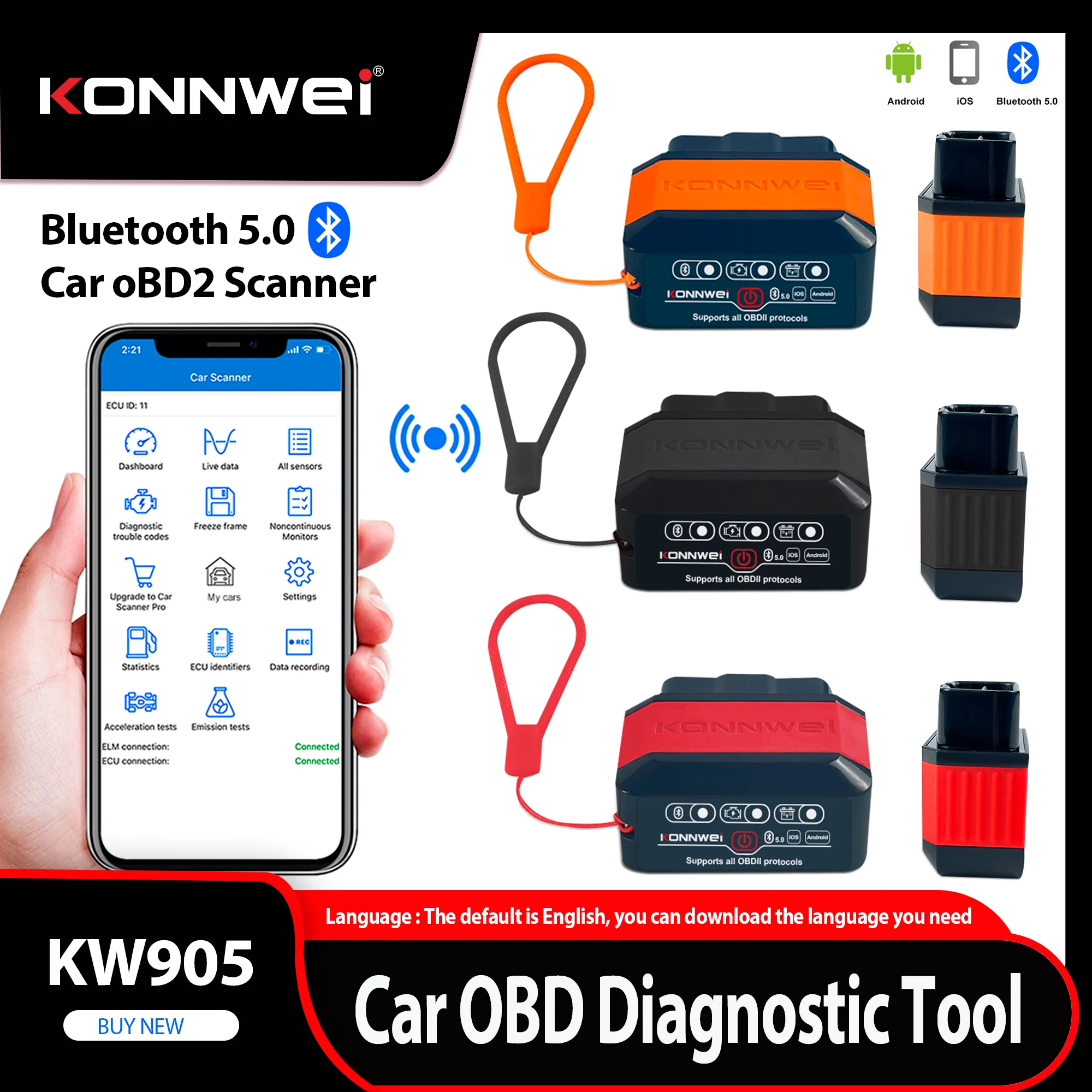 2026 KONNWEI KW905 ELM327 OBD2 Auto-Scanner Bluetooth 5.0 Batterieprüfung Motorfehler-Scanner OBDII Code-Lesegerät Diagnosewerkzeug