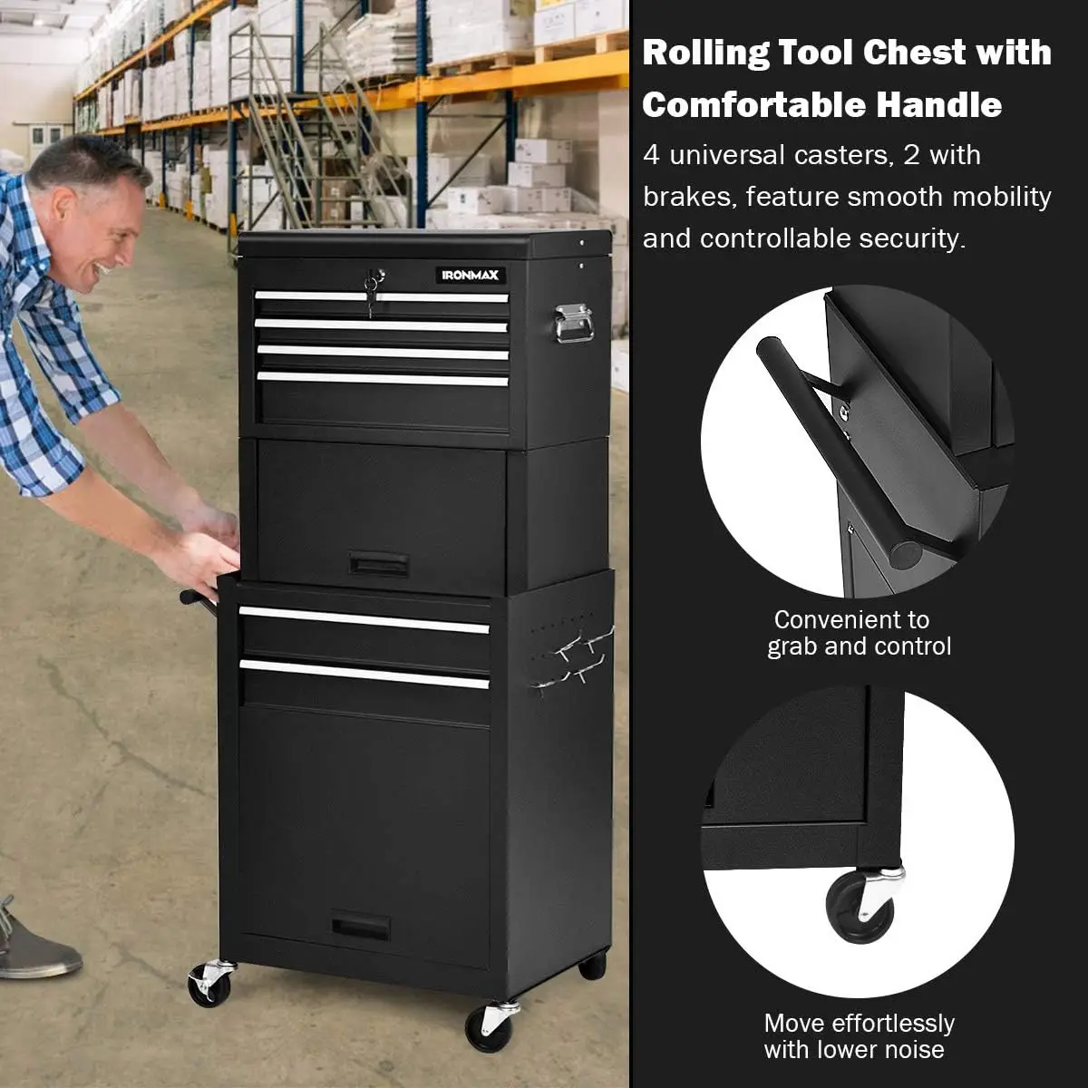 6-Drawer Rolling Tool Chest, 3-in-1 Tool Box Organizer w/Auto Locking System & Lockable Wheels & Sliding Drawers &Detachable Top 6