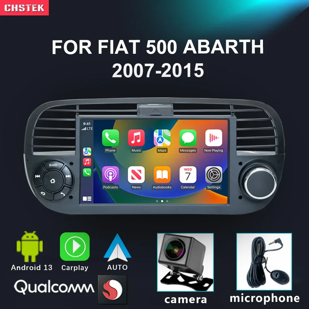 Chstek Android 13 Autoradio Carplay Navigazione Per Fiat 500 Abarth 2007-2015 Auto Stereo Bluetooth Wifi 4G Multimedia Autoradio
