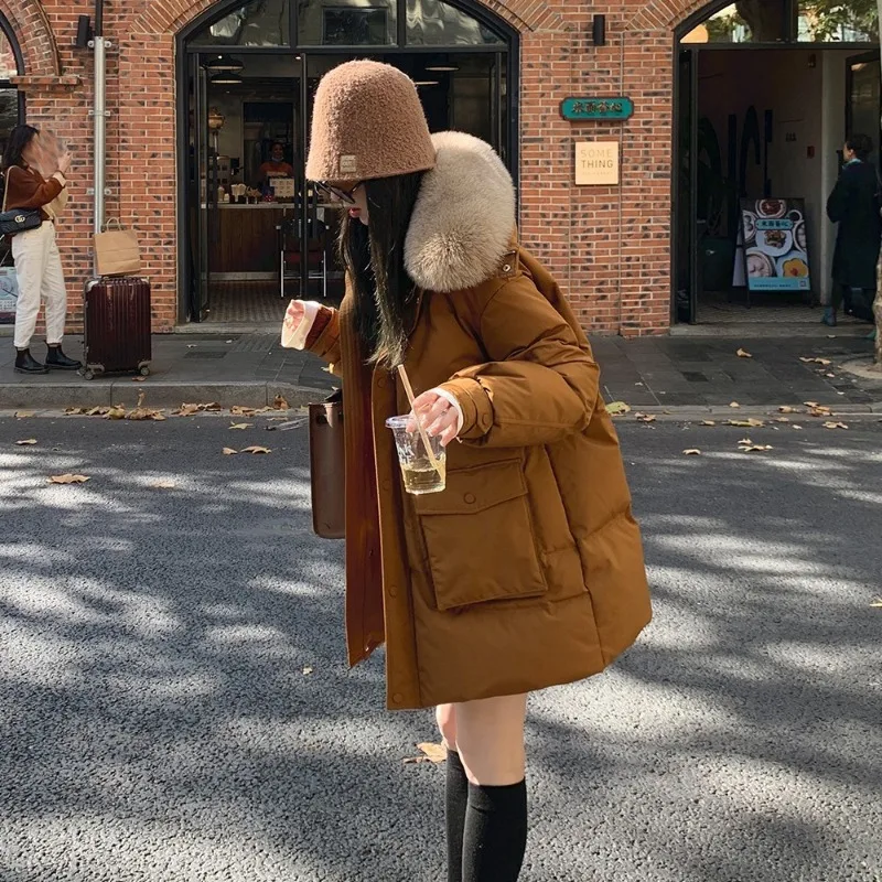 2023 New Women Down Jacket Winter Coat Female Mid Length Version Parkas Loose Thick Warm Outwear Hooded Fur Collar Overcoat