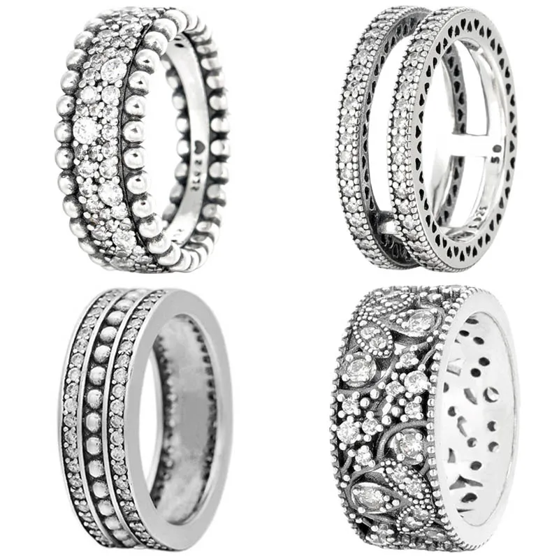 Originale 925 Sterling Silver Shimmering Leaves Forever Thick Beaded Pave Band Double Hearts Ring Per Le Donne Popolari Gioielli Fai Da Te