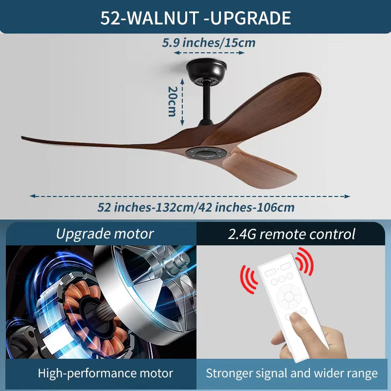 42/52 Inch Nordic LED Ceiling Light Restaurant Living Room Home Remote Control DC Silent Industrial Retro Electric Fan 5