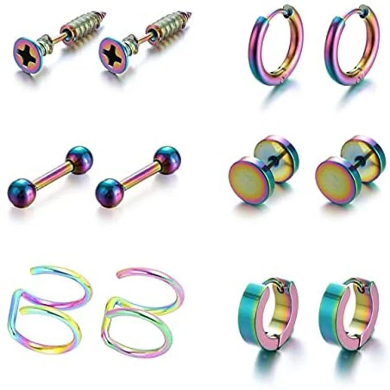 6 Pairs Stainless Steel Stud Earrings Set Piercing Black Dumbbell Stud