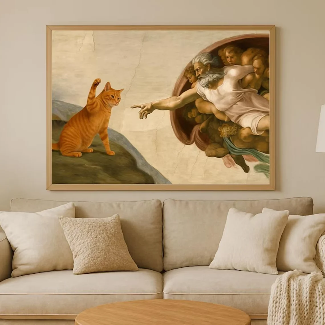 "Whimsical 'Creation of Adam' with Orange Cat Wall Print Decor - Classic Art Parody Poster for Eclectic Living Room, Quirky 5