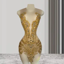 Sexy Sheer Short Black Girl Prom Dress Gold Beaded Crystals See Through African Women Cocktail Dresses Party Gowns For Birthday