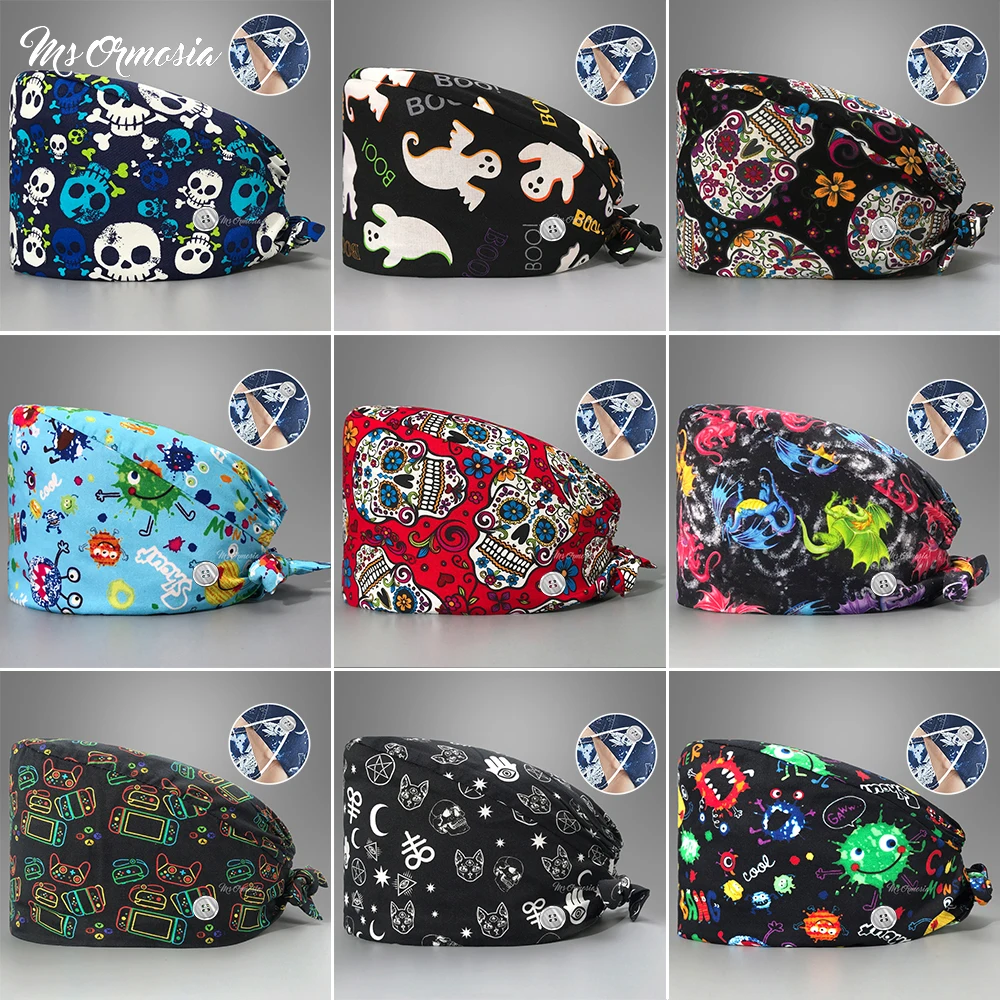 New Fashion Cotton Skull Cartoon Print Hat Adjustable Work Cap Beauty Salon Nursing Cap Male Surgical Hat Wholesale Scrub Caps