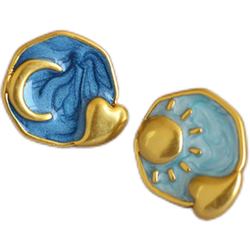 Starry Sky Moon & Sun Earring Romantic Handmade Enamel Glaze Gold-plated Brass 925 Silver Needle Stud Earrings