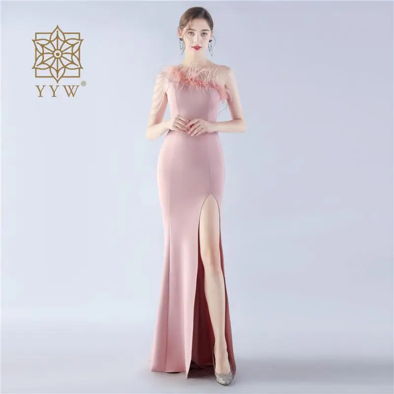 Pink-Elegant-Slash-Neck-Feather-Evening-Dress-Women-Beading-Long-Party ...