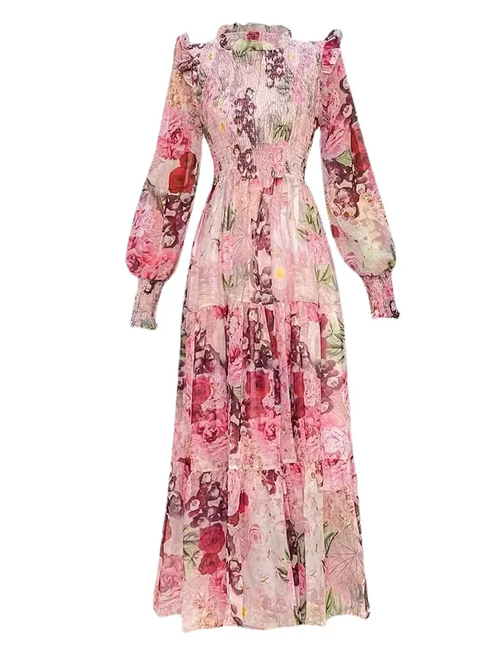 2024 Muslim Turkey Spring Autumn Women Long Sleeve Dress Sweet Flowers Print  Chiffon Long Dress Holiday Dress