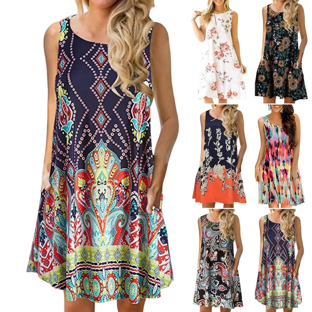 

O-neck Slant Vest Dress Pockets Swing Hem A-Line Women Dress Women Beach Floral Print Casual Loose Sleeveless Sundress