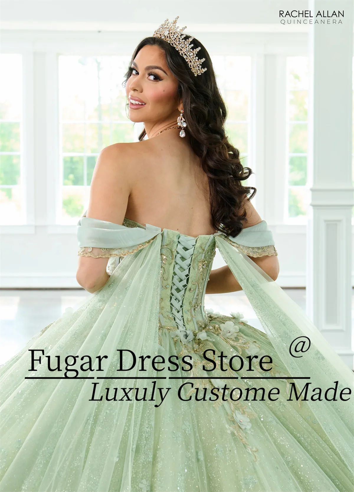 Long Strapless Shawl Sleeve Dress Princess Quinceanera Dresses Luxurious crystal transparent hard gauze 24