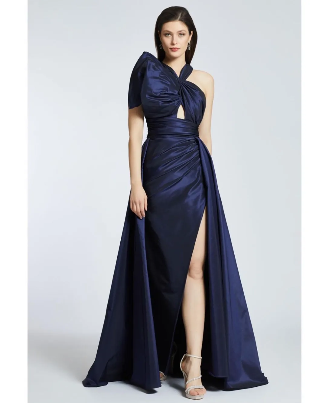 

Vintage Long Navy Blue Taffeta Evening Dresses With Slit Sheath Halter فساتين السهرة Wattea Train Prom Dress for Women