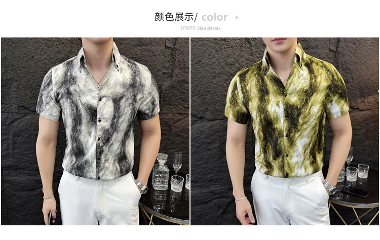 Description Picture 2 of itemSummer Mens Casual Shirts Hot Sale Stylish Print Short Sleeve Men's Social Shirt Dress Slim Fit Turn Down Collar Tuxedo Big Size