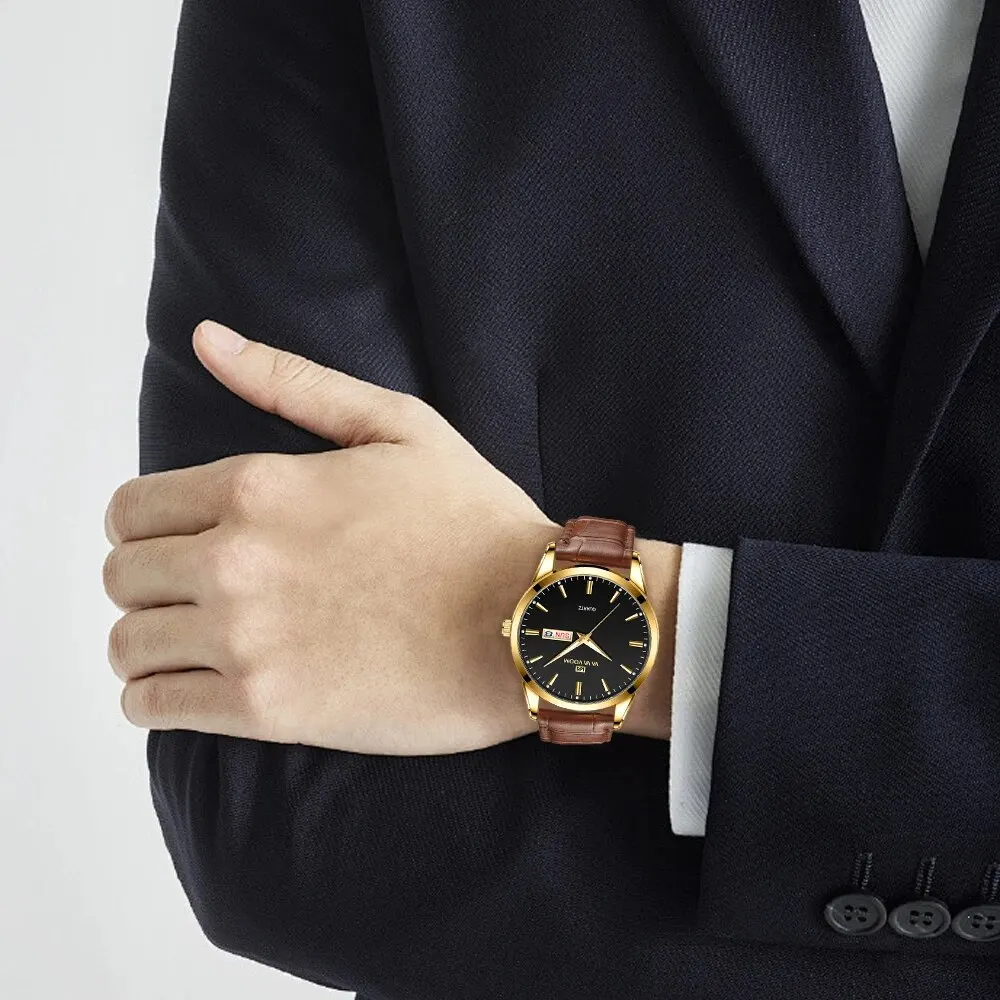 2023 New Men's Business Watch Classic British Style Leather Gold Black Casual Quartz Watch Luxury Glow Men Waterproof Wristwatch 6