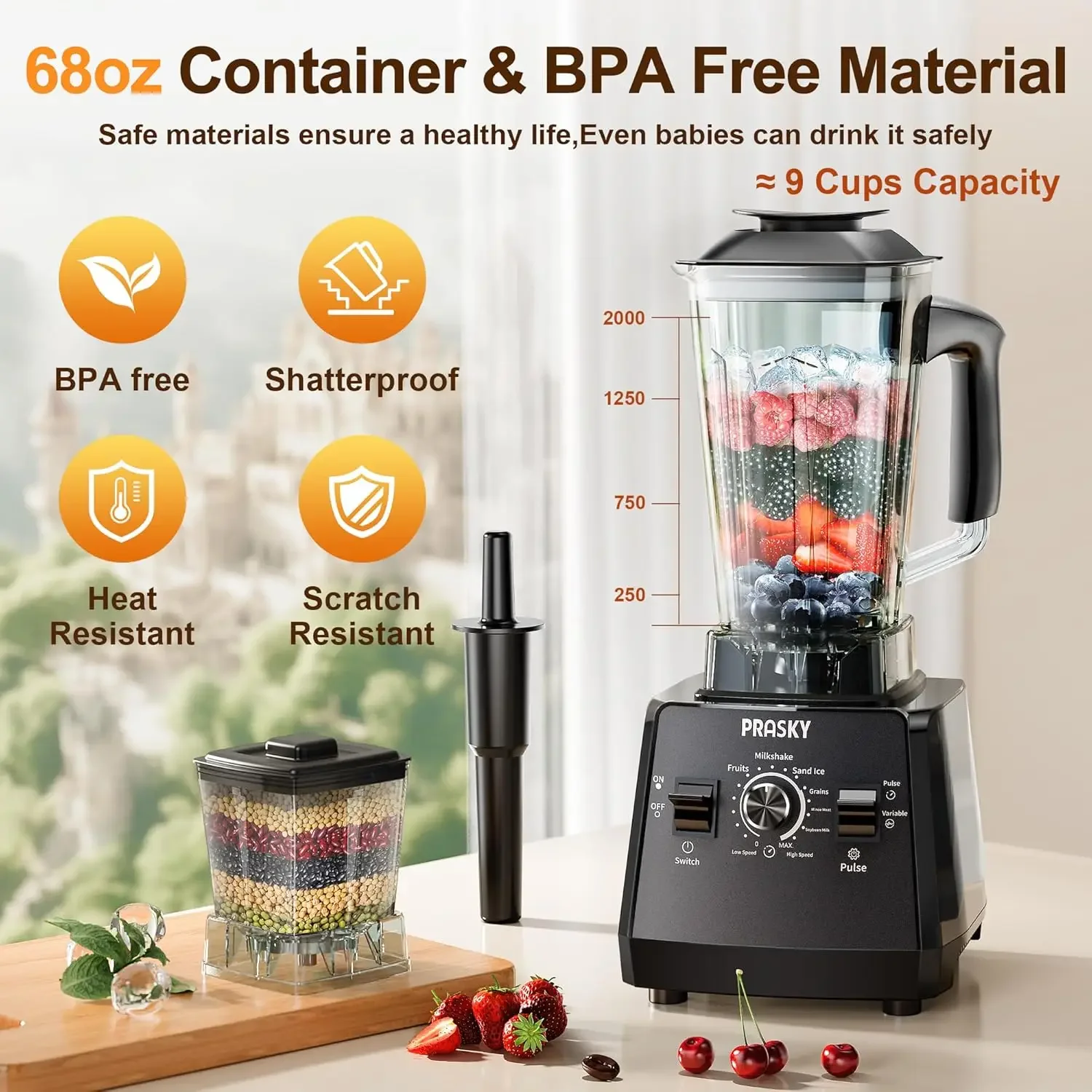 Smoothies Blenders, PRASKY Max.2400Watts/1000Watts Blender and Grinder Combo 25000RPM Powerful Kitchen Blen 3