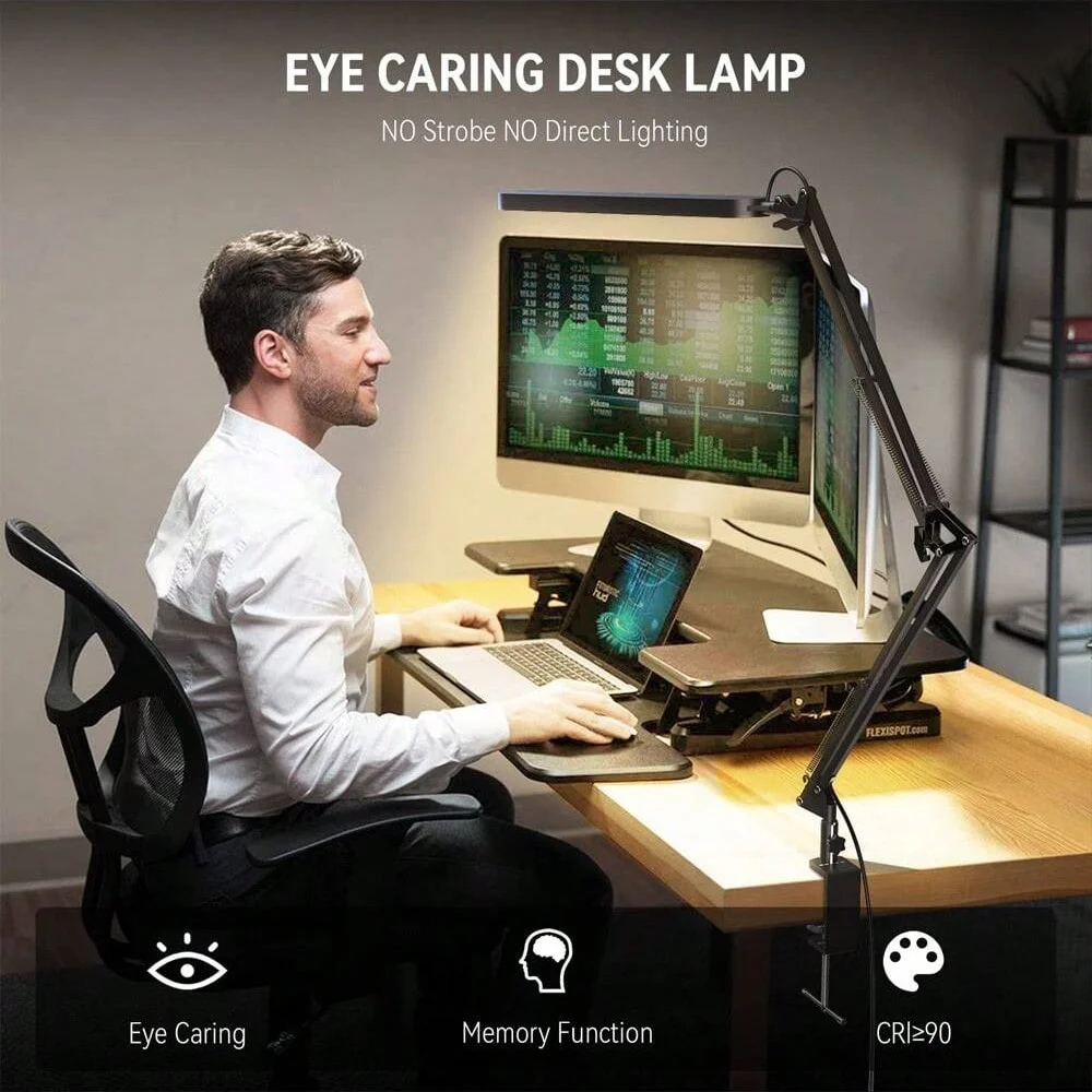 Adjustable Eye-Caring LED Desk Lamp with Clamp - 3 Color Modes & 10 Brightness Levels for Home, Reading, and Study