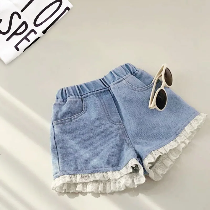 

Girls Denim Shorts Teenage Girl Summer Lace Pants Kids Bow Clothes Children Flowers Embroidery Jean Short For Teenager 2023