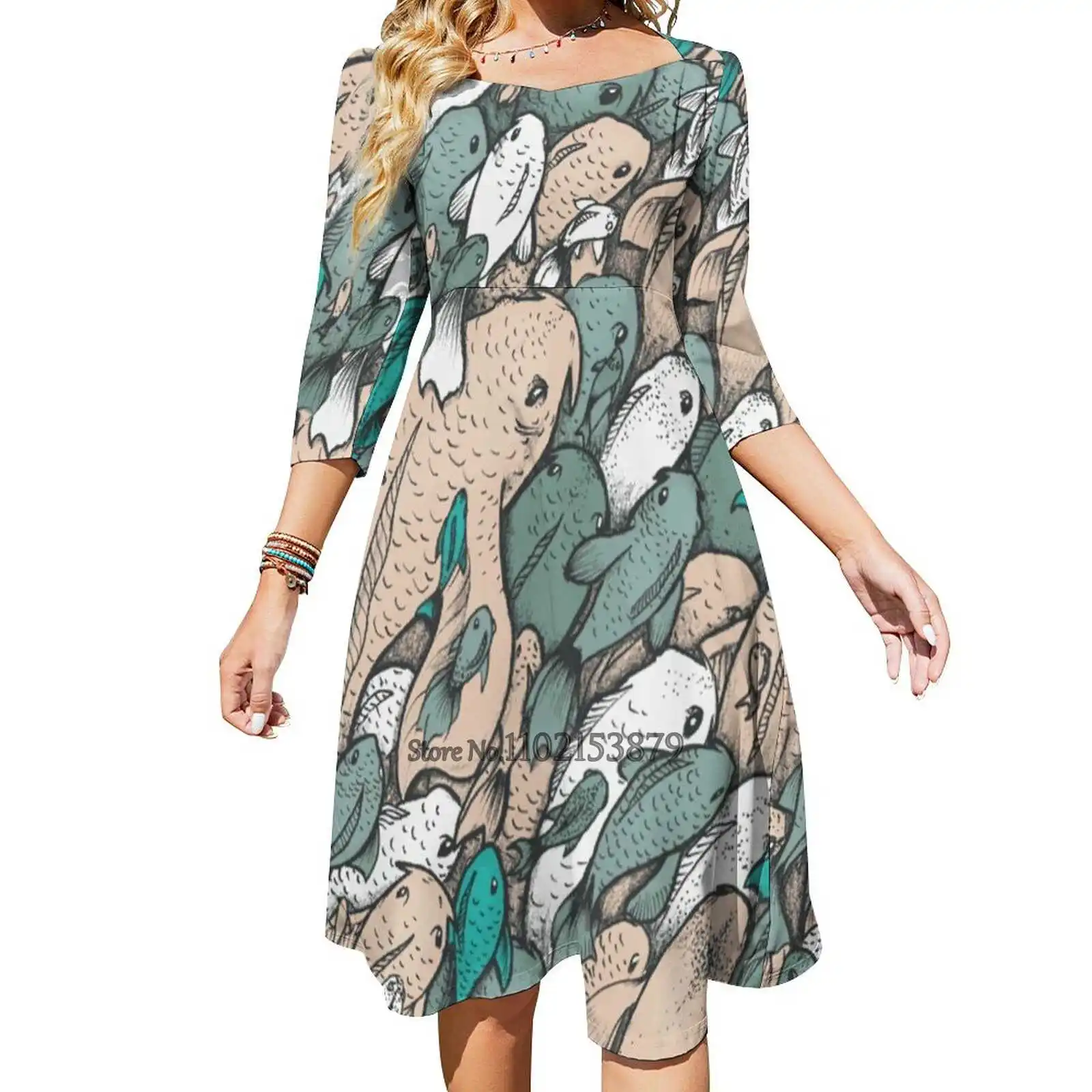 

Fishes - Blue Back Lacing Backless Dress Square Neck Dress Fashion Design Large Size Loose Dress Pattern Fishes Dresses For