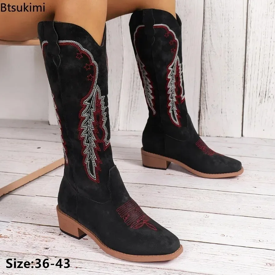 New 2024 Women's Embroidered Long Boots Handmade Thick Heeled Autumn Winter Long Boots Female Cowboy Western Retro Botas Gothic