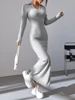 Women sexy knit V-neck reverse neck split dress autumn winter full sleeve elastic basic body sweater 2
