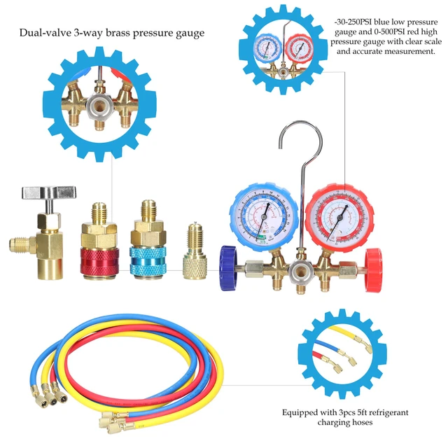 Way AC Manifold Diagnostic Gauge Air Conditioner R1234yf Refrigerant  Charging Set with 5FT Hose Quick Couplers Valve Tool Kit - AliExpress