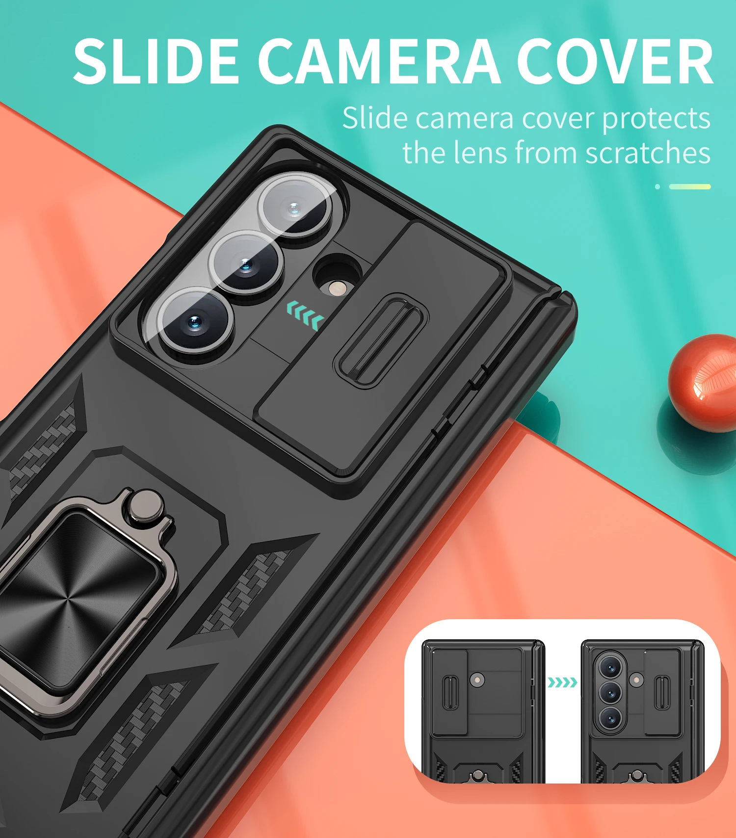 Shockproof Armor Camera Cover with Rotating Ring Kickstand - Slide Protection Case