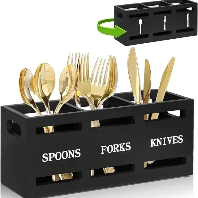 Spoon Caddy Wood Utensil Caddy With 3 Compartments Fork Spoon Holder