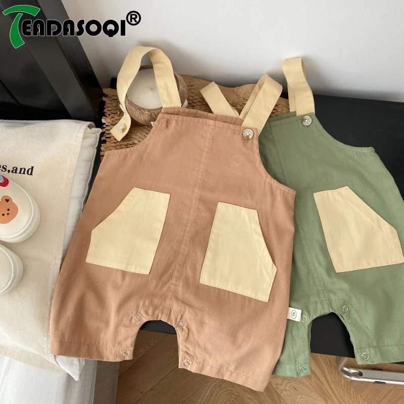 Newborn Infant 0-3Y Toddler Kids Baby Boys Girls Suspender Trousers Patchwork Color Blocking Cotton Pockets Overalls Rompers