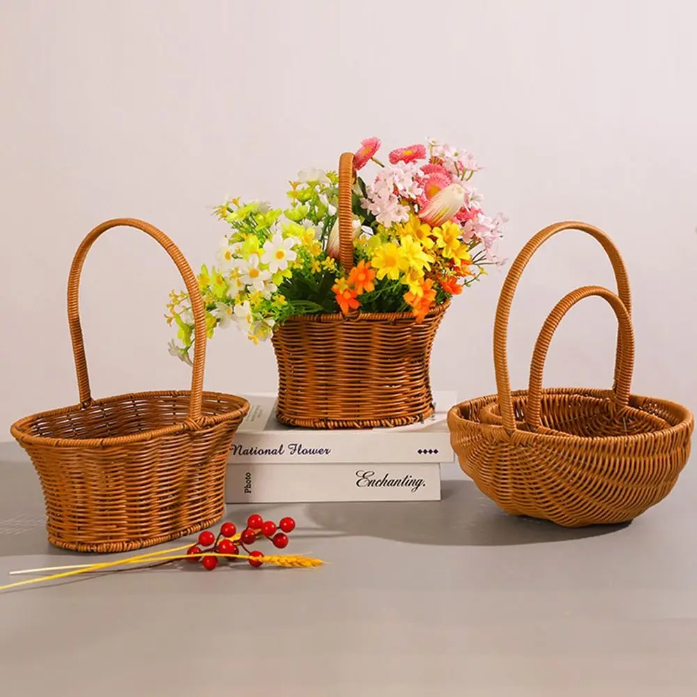 Imitation Rattan Handhold Weaving Basket with Handle Home Decoration Braid Storage Baskets Vegetable Fruit Flower