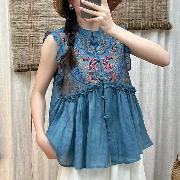 

AYUALIN Vintage Stand Collar Sleeveless Summer Shirt 2022 Casual Ruffles Loose Blouses Floral Embroidery Ramie Shirts for Women